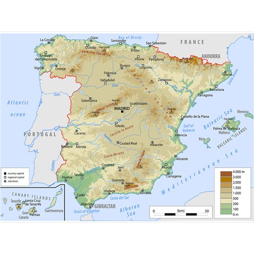 Spagna mappa topografica - spagna,